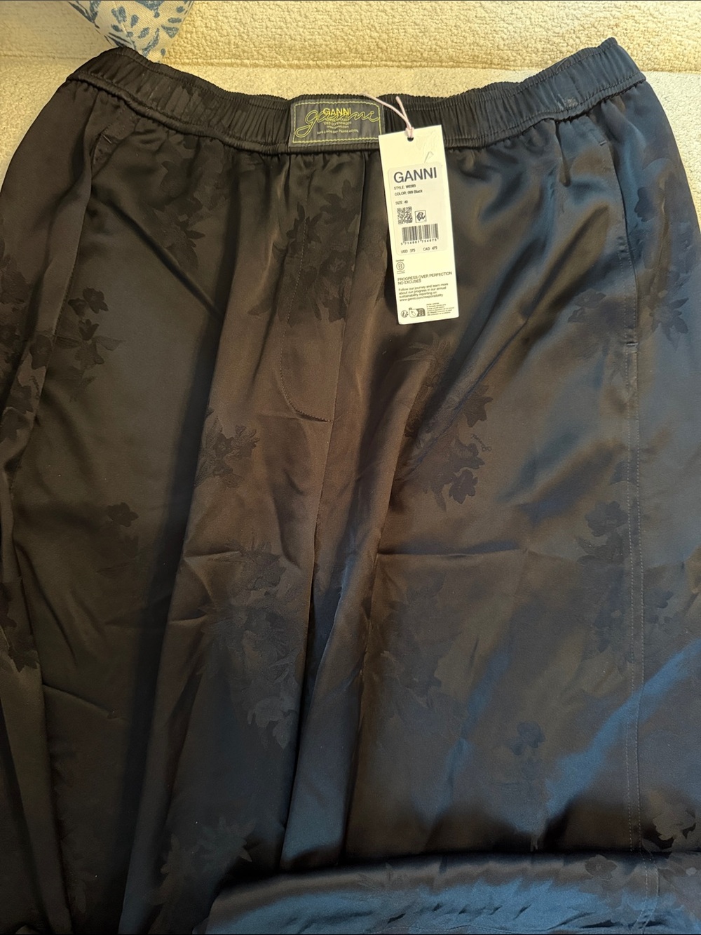 Ganni Black Floral Jacquard Silk Pants with Elastic Waist